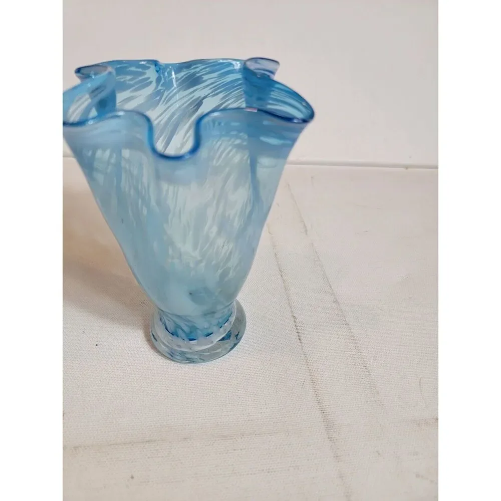 Vintage Hand Blown‎ Art Ruffle Glass Vase Blue Swirl Fluted VTG MCM